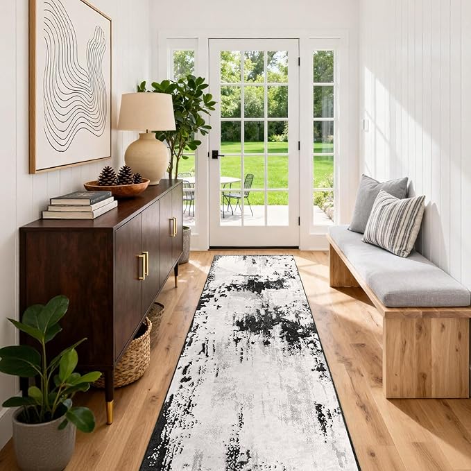 3x12 Long Hallway Runner Rug: Kitchen Rugs Non Slip Washable Low Pile Abstract Rug Runner with Rubber Backing Indoor Stain Resistant Carpet Runners for Bedroom Dining Living Room Black White