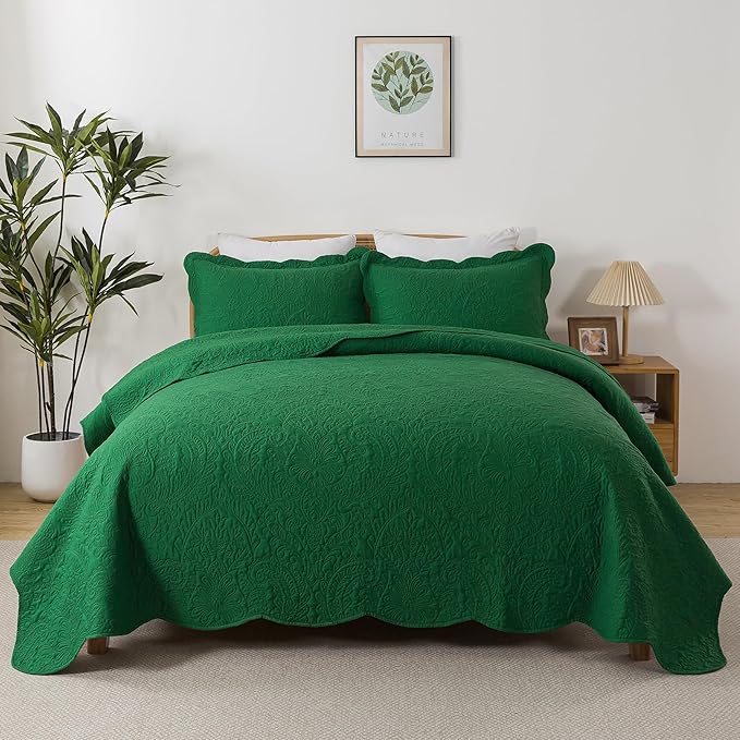 HoneiLife Queen Size Quilt Sets - 3 Piece Queen Quilt Bedding Set Microfiber Quilt Set Lightweight Bedspreads Reversible Coverlets Retro Bed Cover Floral Bedding Set All Season Quilts-Green