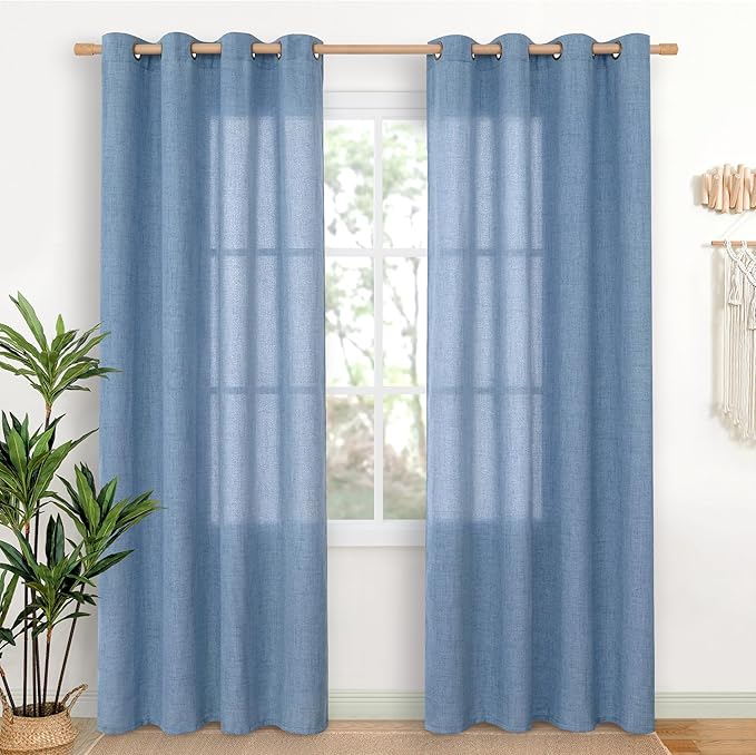 YoungsTex Denim Blue Linen Semi Sheer Curtains 80 Inch Length for Living Room, Light Filtering Window Drapes with Bronze Grommet Privacy for Dining Bedroom, 52 x 80 Inch, 2 Panels