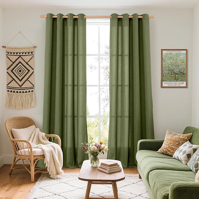 YoungsTex Extro Long Linen Curtains 108 Inch Length for Living Room, Semi Sheer Drapes Light Filtering with Bronze Grommet for Dining Bedroom Country, Olive Green, 2 Panels, 52 X 108 Inch