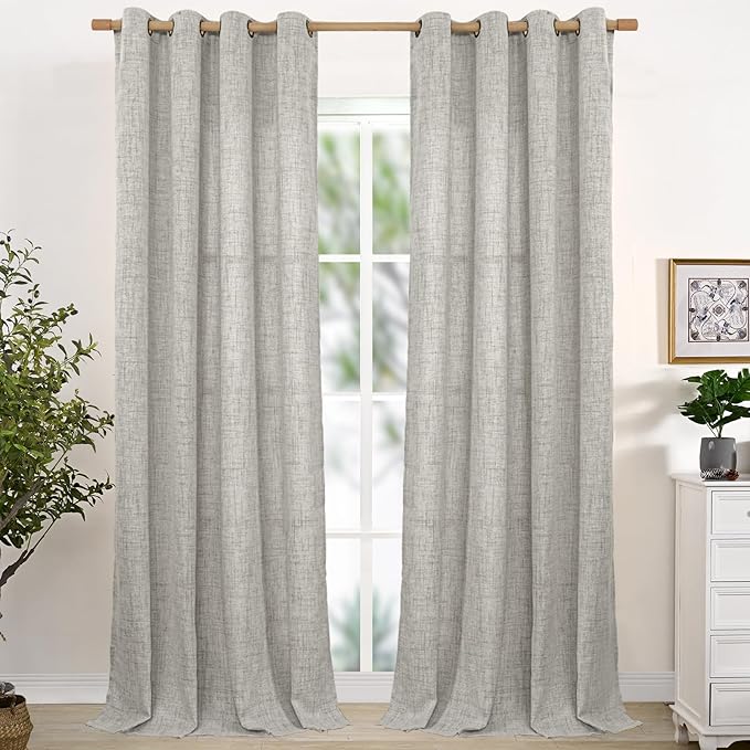 YoungsTex Linen Curtains 90 Inches Length for Living Room, Dark Grey Light Filtering Semi Sheer Drapes with Bronze Grommet for Bedroom Dining Room Office, 2 Panels, 52 X 90 Inch