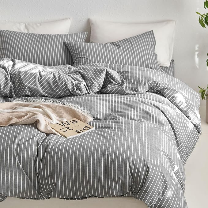 MooMee Striped Duvet Cover Set 100% Washed Cotton Linen Like Textured Breathable Durable Soft Comfy (Dark Grey White Wide Stripes, Cal King 104"x98")