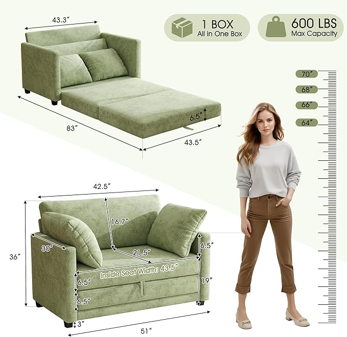 51" Loveseat Sleeper Sofa Bed, Chenille Convertible Floor Sofa Bed for Small Spaces, Folding Couch Bed with Deep Seat, 2 Pillows & Solid Frame, Pull Out Couch for Living Room, Light Green