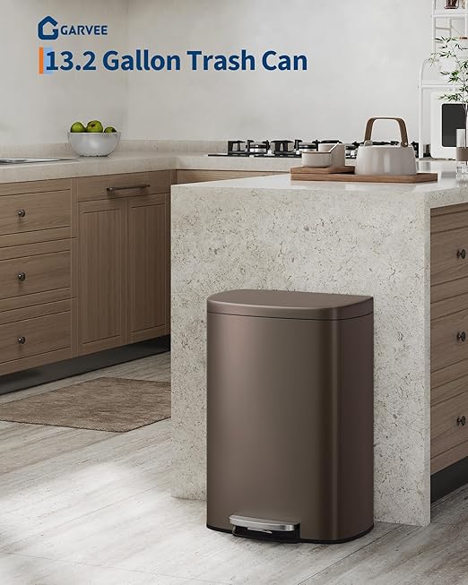 GarveeHome Stainless Steel Kitchen Trash Can, 13 Gal / 50 L Step-On Garbage Bin with Soft Close Lid, Large Rustproof Metal Trash Can for Kitchen, Brown