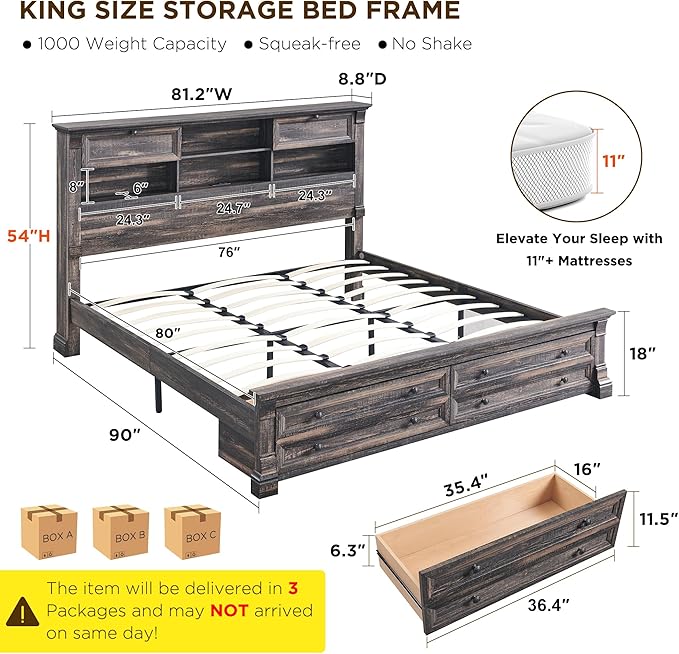 Farmhouse King Size Bed Frame with 54" Tall Headboard, Headboard with 4 Storage Rack, 2 Drawers, 18" Roman Column Decoration Footboard, Wood Platform Bed Frame, No Box Spring Needed(Dark Rustic Oak)