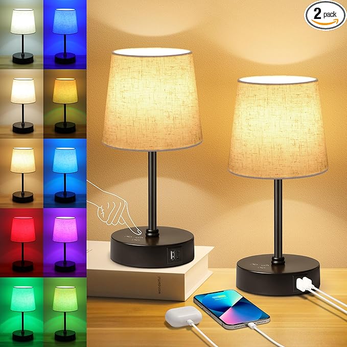 Ascher Small Bedside Table lamp Set of 2, RGB Color Changing Lamps, 3 Color Temperatures, Dimmable Nightstand Lamp with USB C+A Ports, Touch Desk Lamp for Bedroom Living Room, H11.4in(Flaxen Shade)