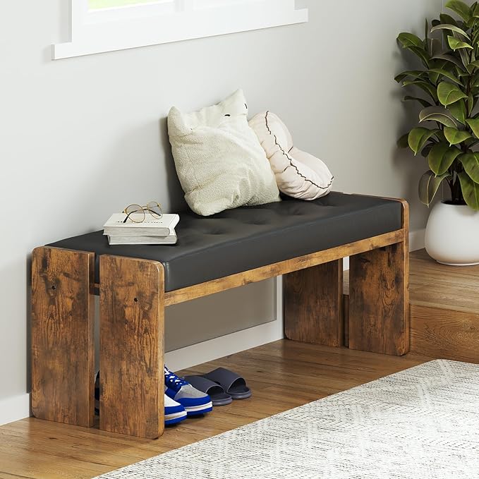 Upholstered Dining Room Bench, Ottoman Bench with PU Leather Padded Seat, Bedroom Bench, Hallway Bench, Entryway Bench for Kitchen, Living Room, Hallway, Entryway, Brown and Black