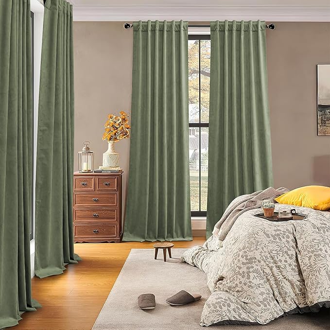 RYB HOME Blackout Velvet Curtains 108 inches Long, Total Light Blocking Room Darkening Thermal Insulated Back Tab Curtains for Nursery Bedroom, Sage Green, 52W x 108L, 2 Panels