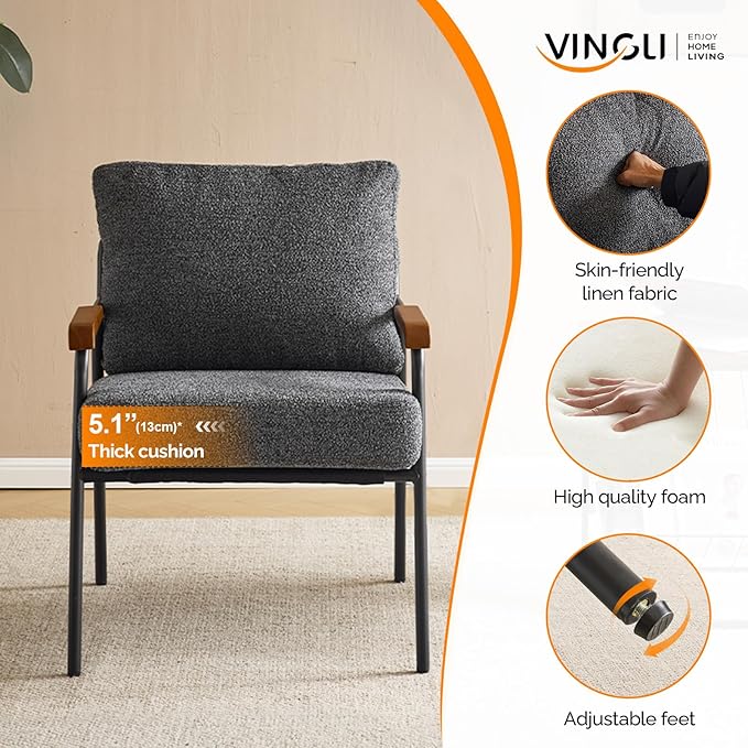 VINGLI Mid-Century Modern Accent Armchiar for Small Space, Small Comfy Upholstered Leisure Reading Chair with Wood Armrest for Bedroom, Living Room, Waiting Room, Linen Grey