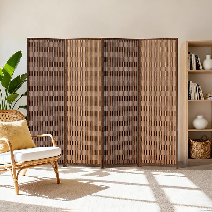 4 Panel Room Divider and Extra Wide Folding Privacy Screen, 63" W x 67" H, Bamboo Room Divider for Room Separation.