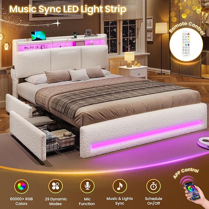 VIAGDO Full Size Bed Frame with Storage Headboard and Charging Station, Boucle Upholstered Bed Frame Full Size with 4 Drawers and LED Lights, Type C and USB, No Box Spring Needed, Cream White