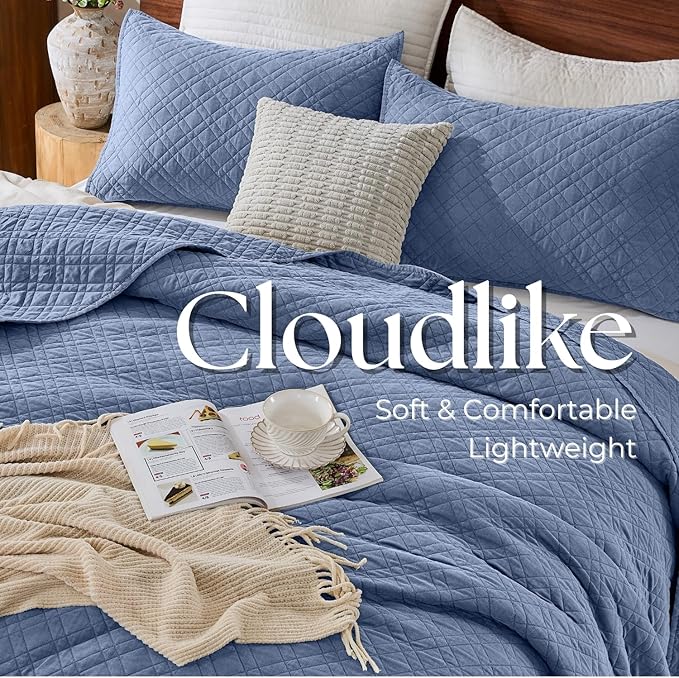 DOWN HOME Twin Quilt Set with Sham Lightweight Quilted Bedspread Coverlet Thin Comforter Bed Cover Vintage Washed Quilted Blanket for All Season, Brushed Microfiber Diamond Stitching, Blue, 66"x92"