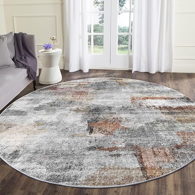 vivorug Round Rug 5ft Abstract Round Area Rug Non-Slip Indoor Carpet for Living Room Bedroom Entryway, Stain Resistant Home Decor Circle Rug, Grey/Rust