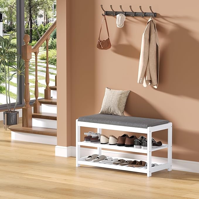 Shoe Bench Entryway, 100% Solid Solid Wood Shoe Rack Bench with Storage and Cushion Padded Seat, 3-Tier Shoe Organizer for Hallway Living Room, Mudrooms, White
