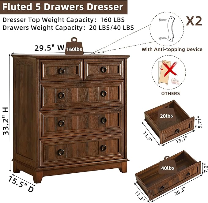 Farmhouse 5 Drawer Dresser for Bedroom, 33.2" Tall Small Dressers & Chest of Drawers, Rustic Wood Dresser with Metal Handle, Storage Organizer Closet for Living Room, Hallway, Entryway