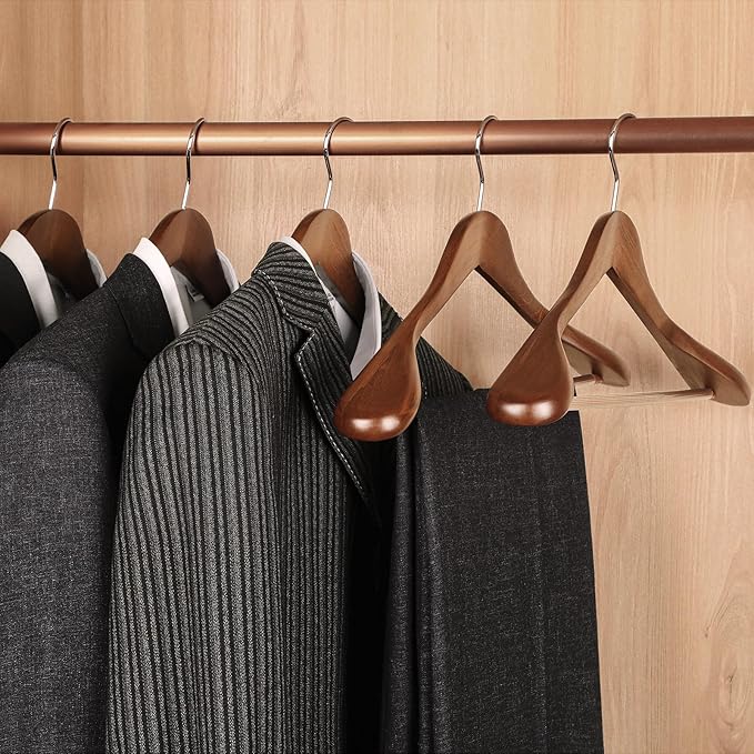 TOPIA HANGER Wide Shoulder Wooden Hangers, Suit Hangers with Non Slip Pants Bar & 360° Swivel Hook, Solid Wood Heavy Duty Coat Hanger, 10 Pack (Walnut)-CT02WA-10