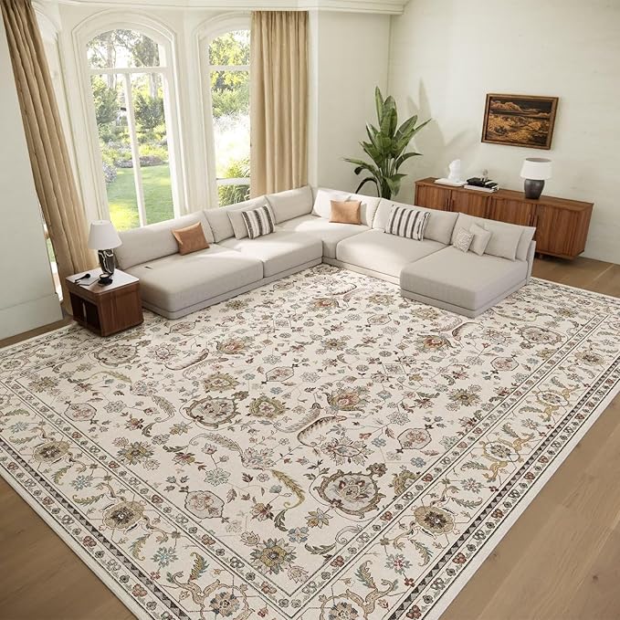 Washable 9x12 Area Rugs for Living Room, Boho Non-Slip Vintage Distress Lager Rugs for Bedroom Dining Room Nursery Office, 0.3" Neutral Oriental Throw Thin Carpet, Beige/Rust/Green/Multi