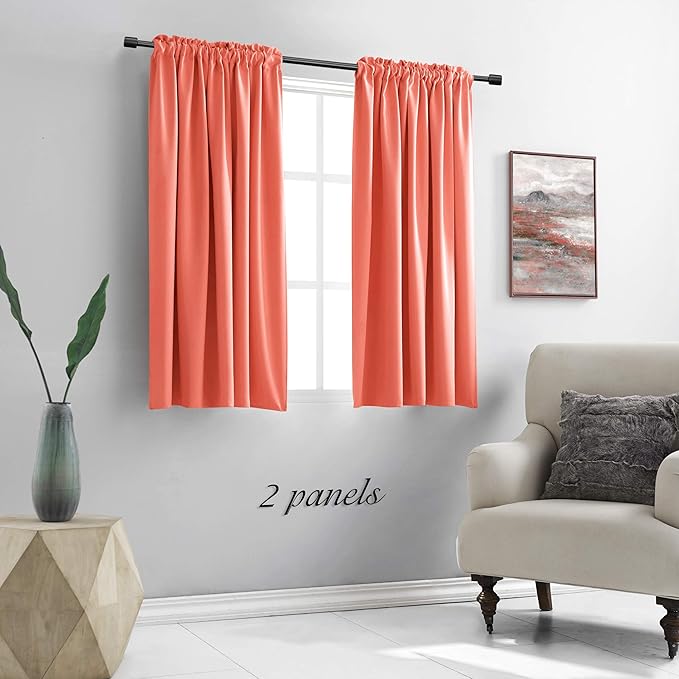 DONREN 48 Inch Length Coral Blackout Curtains for Bedroom - Small Window Treatment Rod Pocket Curtain Drapes (Set of 2 Panels,52 W x 48 L)
