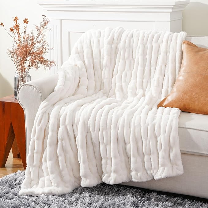 BATTILO HOME Cream Faux Fur Throw Blanket for Bed, Large Double Side Ruched Rabbit Fur Blanket for Couch, Bed, Super Soft Cozy Mink Blanket, 60"x80"