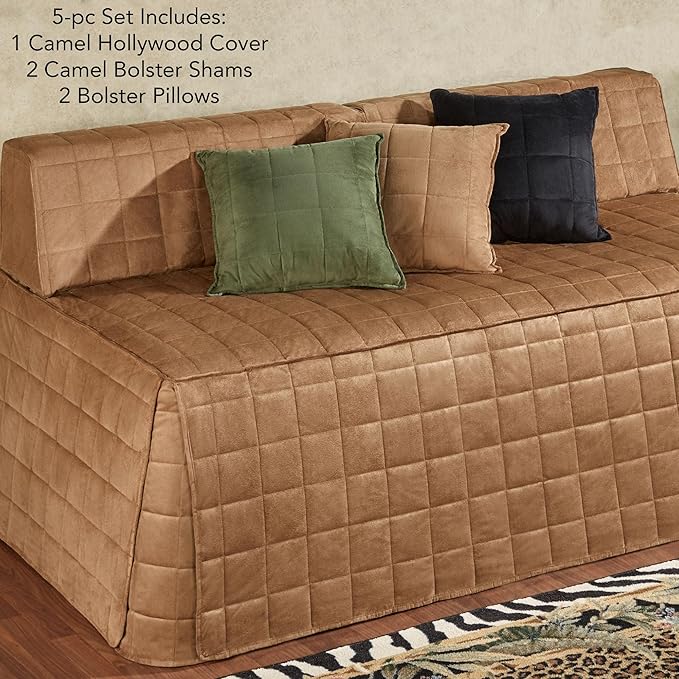 Camden Luxury Bedding | Neutral Camel Color | Fitted Hollywood Daybed Bedding | Faux Suede Box Quilted Design | 5 Piece Set Includes Hollywood Cover, 2 Bolster Shams, and 2 Bolster Pillows
