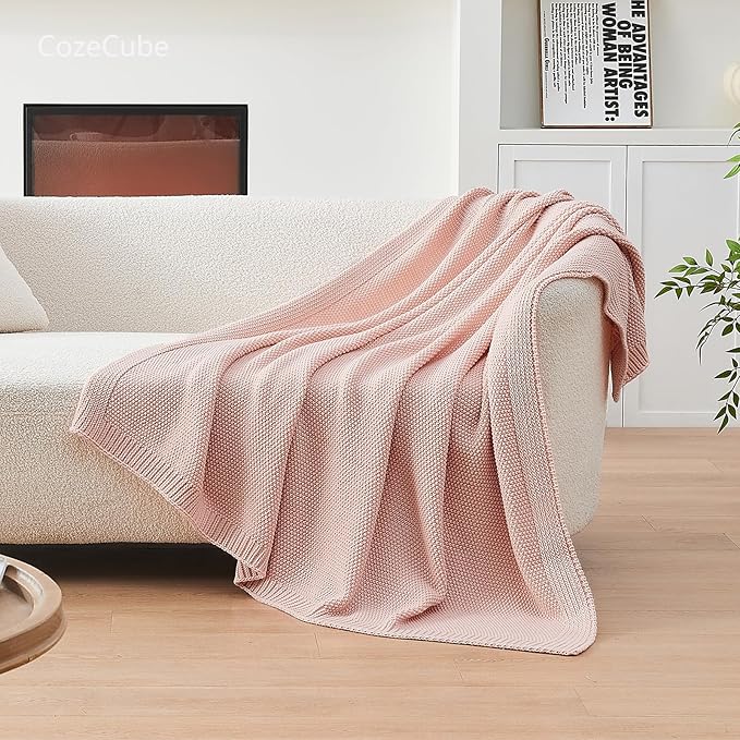 CozeCube Pink Throw Blanket for Couch, Soft Cozy Cable Knit Throw Blanket for Bed Sofa Living Room, Lightweight Warm Decorative Farmhouse Christmas Blanket, 60"x80", Pink