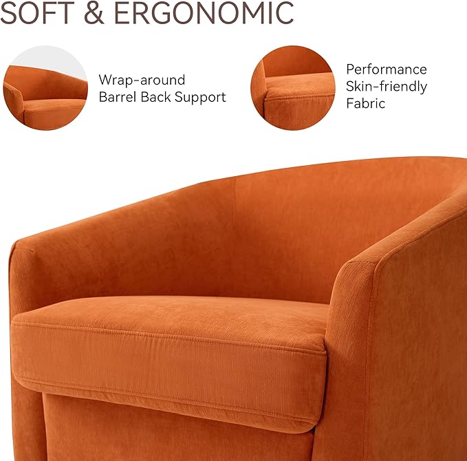 Swivel Barrel Accent Chair, Round Chenille Fabric Living Room Arm Chairs, Modern Upholstered Comfty Reading Nook Chairs for Bedroom, Small Club Armchair, Single Sofa Side Chair, Orange