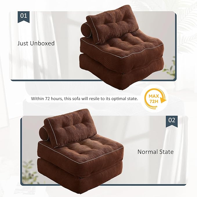 Folding Chair Bed, Futon Sofa Bed, Floor Couch for Adults Chair Bed for Living Room, Lounge Sofa, Convertible Sofa Bed, Small Couches for Small Spaces,Brown