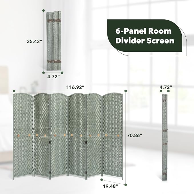JOSTYLE Room Divider 6FT Room Divider Panel Folding Privacy Screen Hand-Made Wall Divider Indoor Portable Room Partition Dividers 2-in-1 Multifunction Divider for Room Separation (Grey, 6 Panel)