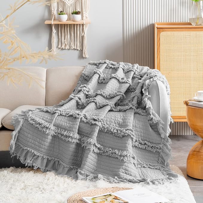 HORIMOTE HOME Stone Washed Quilted Throw Blanket with Ruffle Fringe Design - Soft & Chic Rustic Decorative Blanket for Couch, Bed, Chair - Pre-Washed Grey Boho Style - 50"x60"