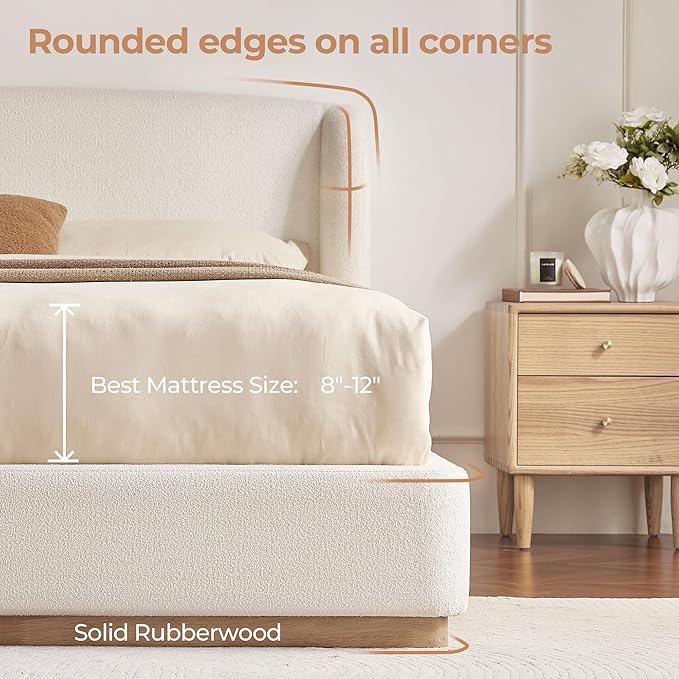CHITA Queen Size Bed Frame, Upholstered Platform Bed with Wingback Headboard, Wooden Slats Support, Noise-Free, No Box Spring Needed, Cream