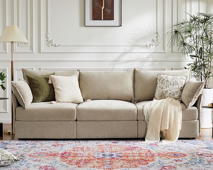 ABCASA 102.6" Modular Sectional Sofa, Oversized 3-Seater Couch with Removable Beige Chenille Fabric Cover, Deep Seat & High Backrest for Living Room, Office & Apartment