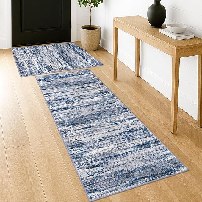 Abstract Rug for Kitchen Set of 2, 2x3 and 2x6 Navy Blue Gray Neutral Multi Modern Super Soft Small Area Rug, Washable Non-Slip Entryway Rugs, Low-Pile Mat for Bedside, Indoor Door Mat