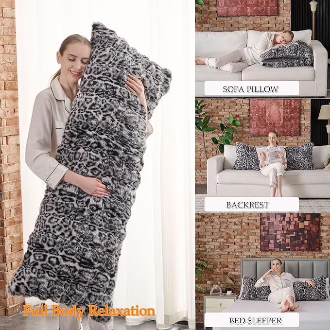 Cozy Plush Fluffy Body Pillow,Full Body Pillows for Adults Kids Girls Teens,20X54 Inches Big Hug Double Pillow,Bed and Sofa Pillow for Side Sleeper & Pregnancy,Pregnancy Pillow-Snow Leopard
