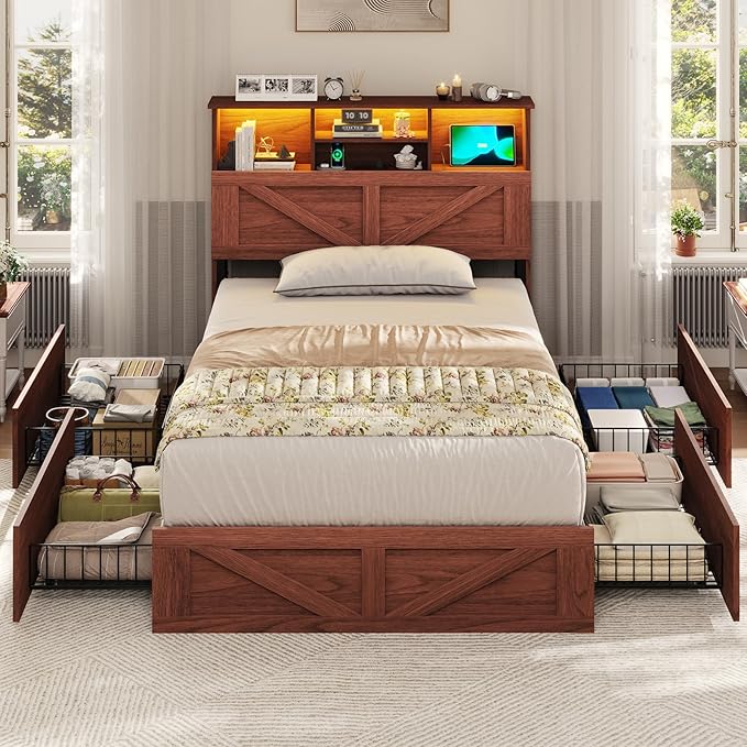 VIAGDO Farmhouse Bed Frame Twin Size with Bookcase Storage Headboard, Charging Station and LED Lights, Wooden Twin Bed Frames with 4 Drawers, Barn Door Design, No Box Spring Needed, Reddish Brown
