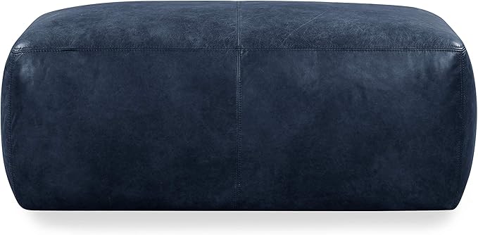POLY & BARK Denver Ottoman – 43" Large Pouf with Feather-Down Topper – Full-Grain Leather Upholstered Pouf Ottoman for Living Room – Vintage Italian Leather in Midnight Blue