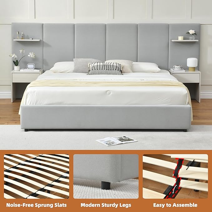 King Bed Frame with Storage & Built-in Nightstands, Velvet Upholstered Platform Bed Frame with Drawers & 2 Floating Storage Shelves, Noise-Free, No Box Spring Needed, Easy Assembly, Gray