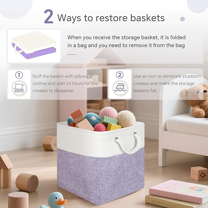 Large 11x11 Inch Cube Storage Bins with Cotton Handles for Closet, Shelves, Clothes, Towel (White/Purple-6 Pack)