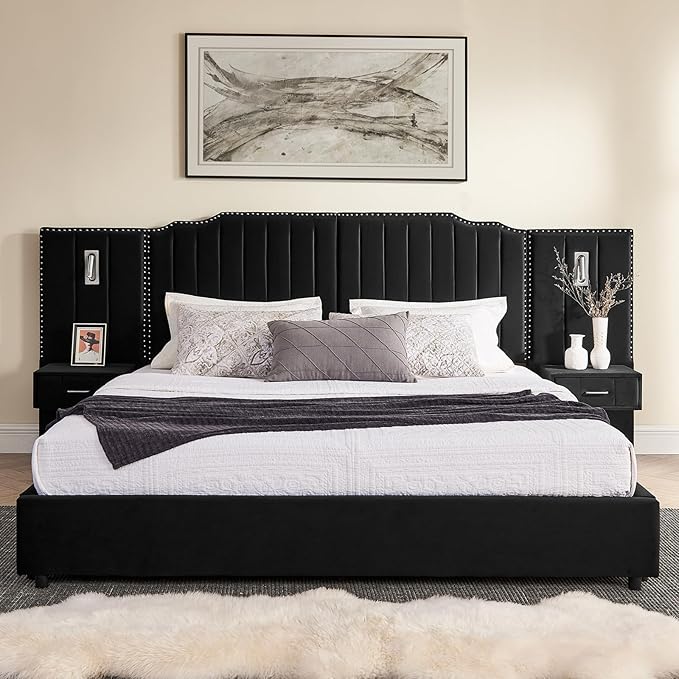 King Size Bed Frame with Storage, Luxury King Platform Bed Frame with Headboard, Velvet Fabric Upholstered Bedframe with LED Lights, Solid Frame & Bedside Table, No Box Spring Needed, Black