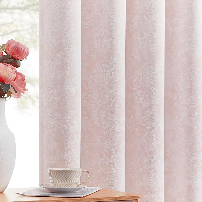 Beauoop Pink Floral Jacquard Blackout Curtains 96 Inches Long 2 Panels for Bedroom Living Room Chenille Flower Room Darkening Thermal Insulated Soundproof Grommet Window Treatments Drapes, 52x96
