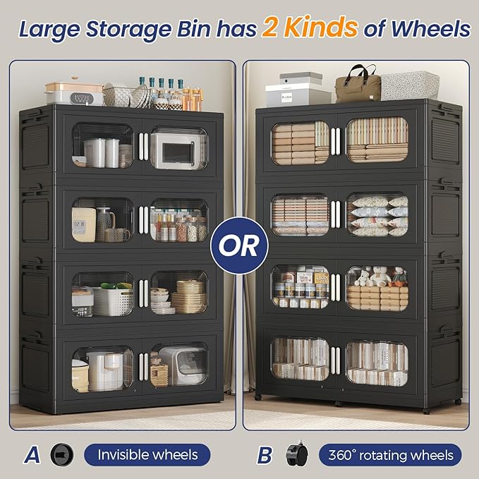 250GAL Extra Large Storage Bins with Lid, 1000QT Storage Bins with Wheels, Folding Closet Organizer, Stackable Collapsible Plastic Storage Containers for Home, Office, Kitchen, 5Pack Black