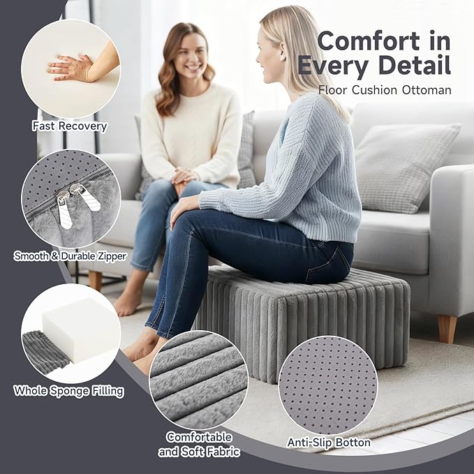 Tiita Suqre Stuffed Pouf Ottoman, Stripe Poufs 21×21×10 inch with Foam Chunk Filling, Floor Bean Bag Floor Chair Storage for Living Room Bedroom Home Decor, Grey