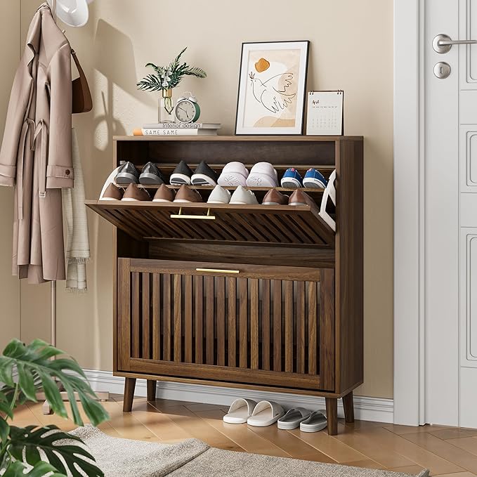 Vibe & Dine Shoe Cabinet with 2 Flip Drawers, Narrow Shoe Organizer with Gold Handles, Freestanding Shoe Storage Cabinet for Entryway Slim, Wood Shoe Rack for Hallway, Bedroom, Walnut
