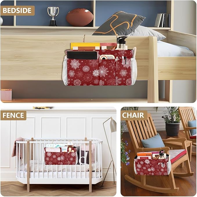 Bedside Caddy Hanging Bunk Bed Caddy Bed Organizer Hanging Pocket with 2 Hooks Bedside Storage Organizer Pocket Bag Holder Red Christmas Snowflakes