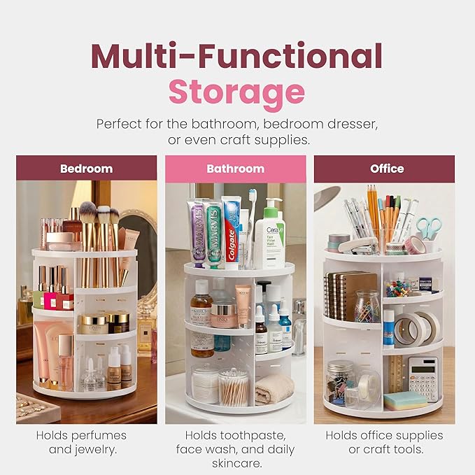 Masirs 360 Rotating Makeup Organizer - Adjustable Shelf Height and Fully Rotatable. The Perfect Cosmetic Organizer for Bedroom Dresser or Vanity Countertop. (White)