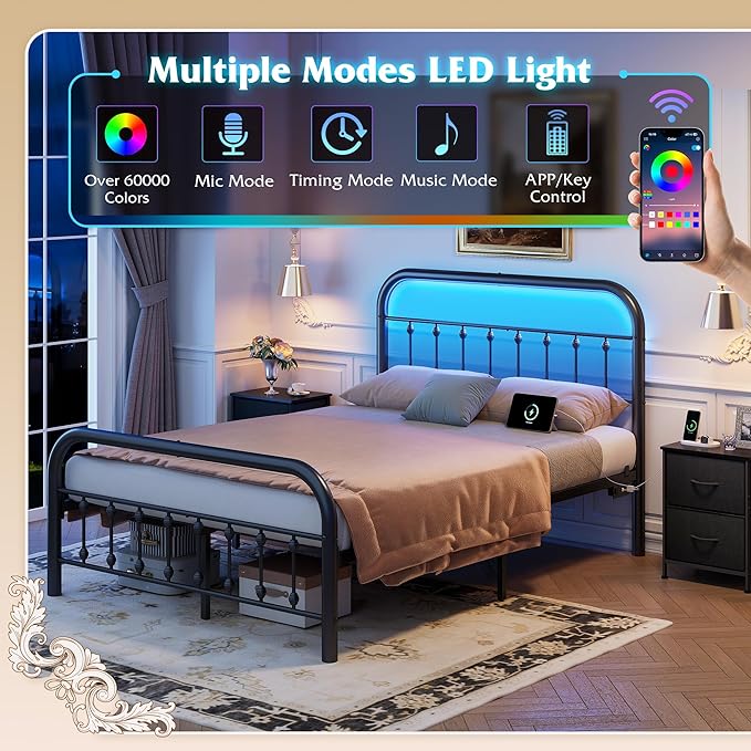 WLIVE Metal Platform Bed Frame, Full Size Bed Frame with Headboard, Bed Frames with LED Lights and Charging Station, 1500LBS Mattress Foundation, Under Bed Storage, No Box Spring Needed, Black