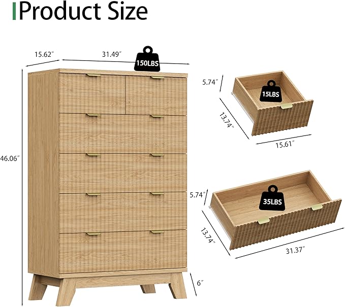Fluted Dresser for Bedroom with 6 Drawers, 46" Tall Modern Chest of Drawers with Metal Handle, Wooden Dresser TV Stand, Wood Closet Clothes Storage Organizer for Living Room, Hallway, Natural Oak