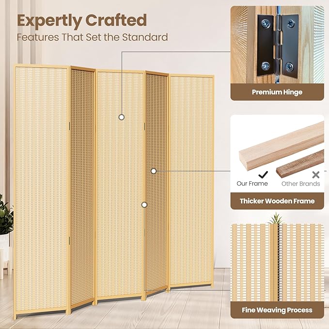 5 Panel Room Divider and Extra Wide Folding Privacy Screen, 79" W x 67" H, Bamboo Room Divider for Room Separation.