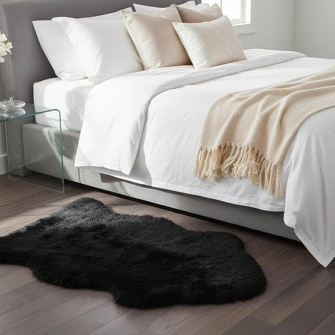 Super Area Rugs Black Sheepskin Rug Genuine Single 2x3ft Pelt Fluffy Fur Seat Cushion and Chair Cover