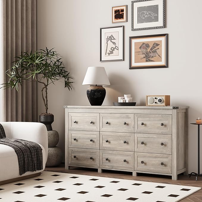 Dresser for Bedroom with 9 Drawers, Farmhouse Wood Chest of Drawers, Wide TV Stand Closet Storage Furniture with Metal Handle, Modern Clothes Organizer for Hallway, Living Room, Entryway, Light Grey