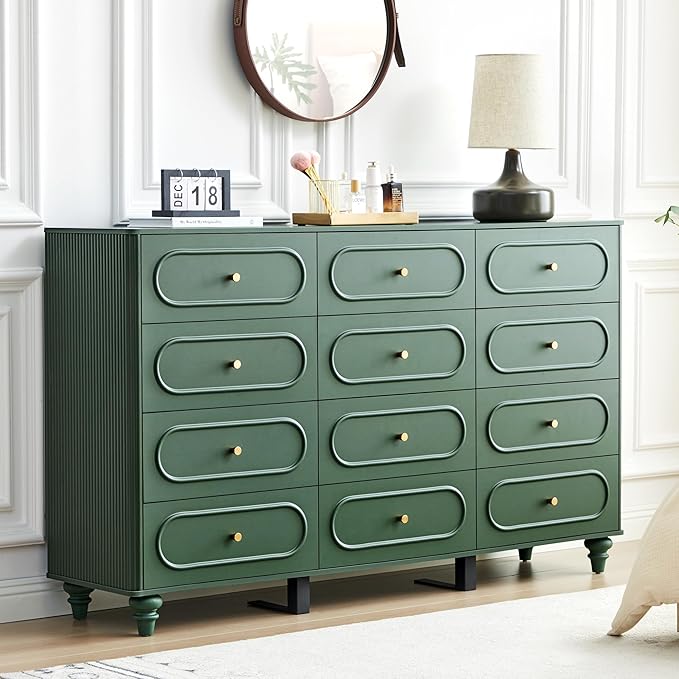 12 Drawer Fluted Dresser for Bedroom, Mid Century Modern Chest of Drawers, Wood Storage Small Dresser Organizer for Bedroom Living Room Hallway Closet, Green